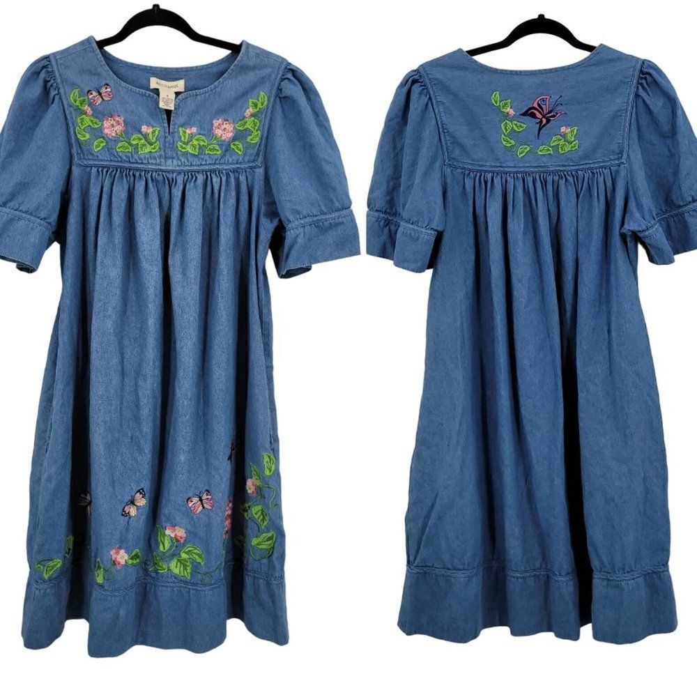 Vintage Denim Midi Dress S Blue Floral Butterfly Embroidered Puff Sleeve Kidcore - Picture 2 of 16